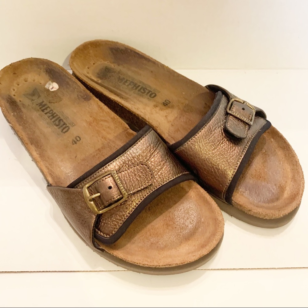 Memphisto Leather Slides Sandals Gold Bronze size 40 leather